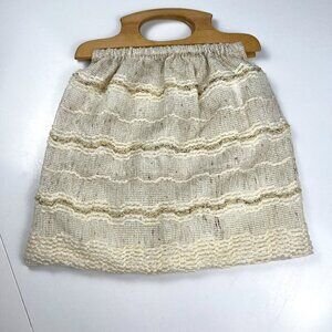 Vintage knitting bag woven woods handle handmade handbag medium size
